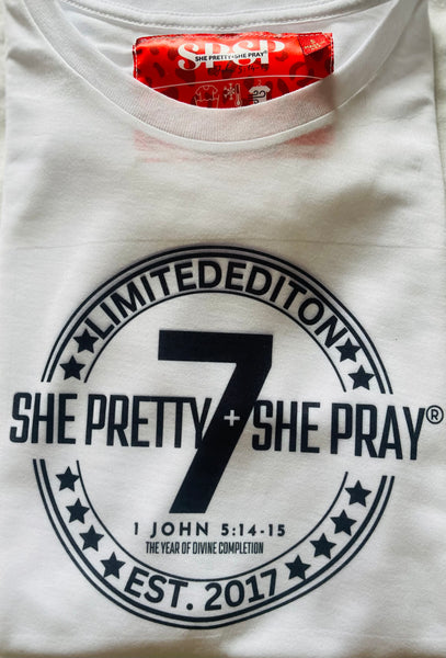 🤍White Sublimated She Pretty+She Pray 7yr Anniversary T-Shirt (Please allow 3 to 5 business days due to the intricate details of designing, sublimating/pressing-However, items may ship sooner)