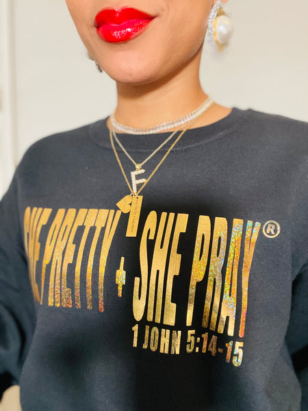 BLACK & GOLD SPARKLE SHE PRETTY + SHE PRAY SWEATSHIRT