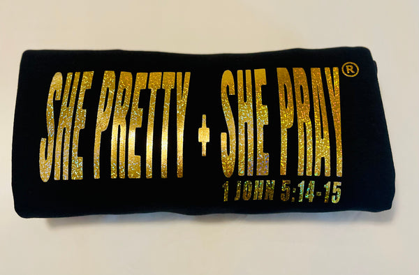 BLACK & GOLD SPARKLE SHE PRETTY + SHE PRAY SWEATSHIRT