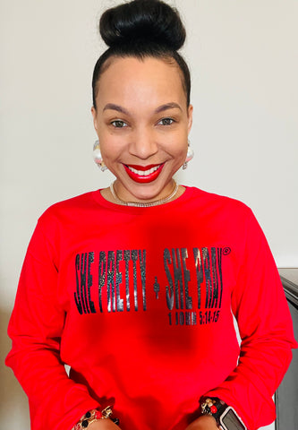 RED & BLACK SPARKLE SHE PRETTY + SHE PRAY T-SHIRT